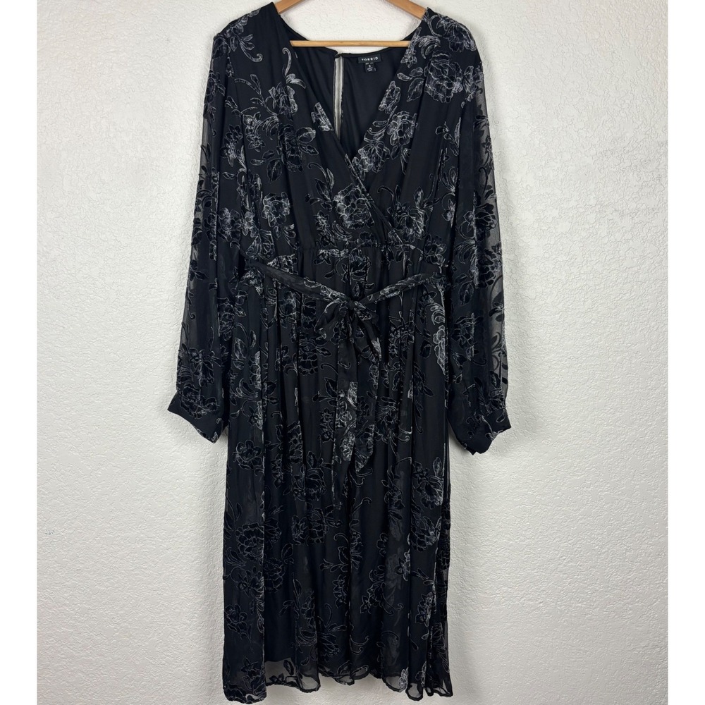 Torrid Black Velvet Burnout Floral Wrap Midi Dress Sheer Long Sleeve Plus Size 3